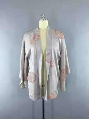 1950s Vintage Silk Kimono Jacket / Silk Haori Kimono Cardigan / Urushi Embroidery Grey Floral