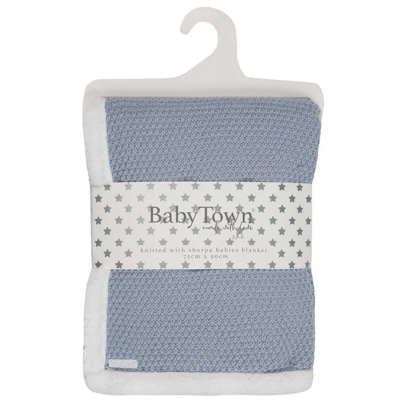 BABY DUSKY BLUE KNITTED BLANKET WITH SHERPA LINING - (PK4) 19C266