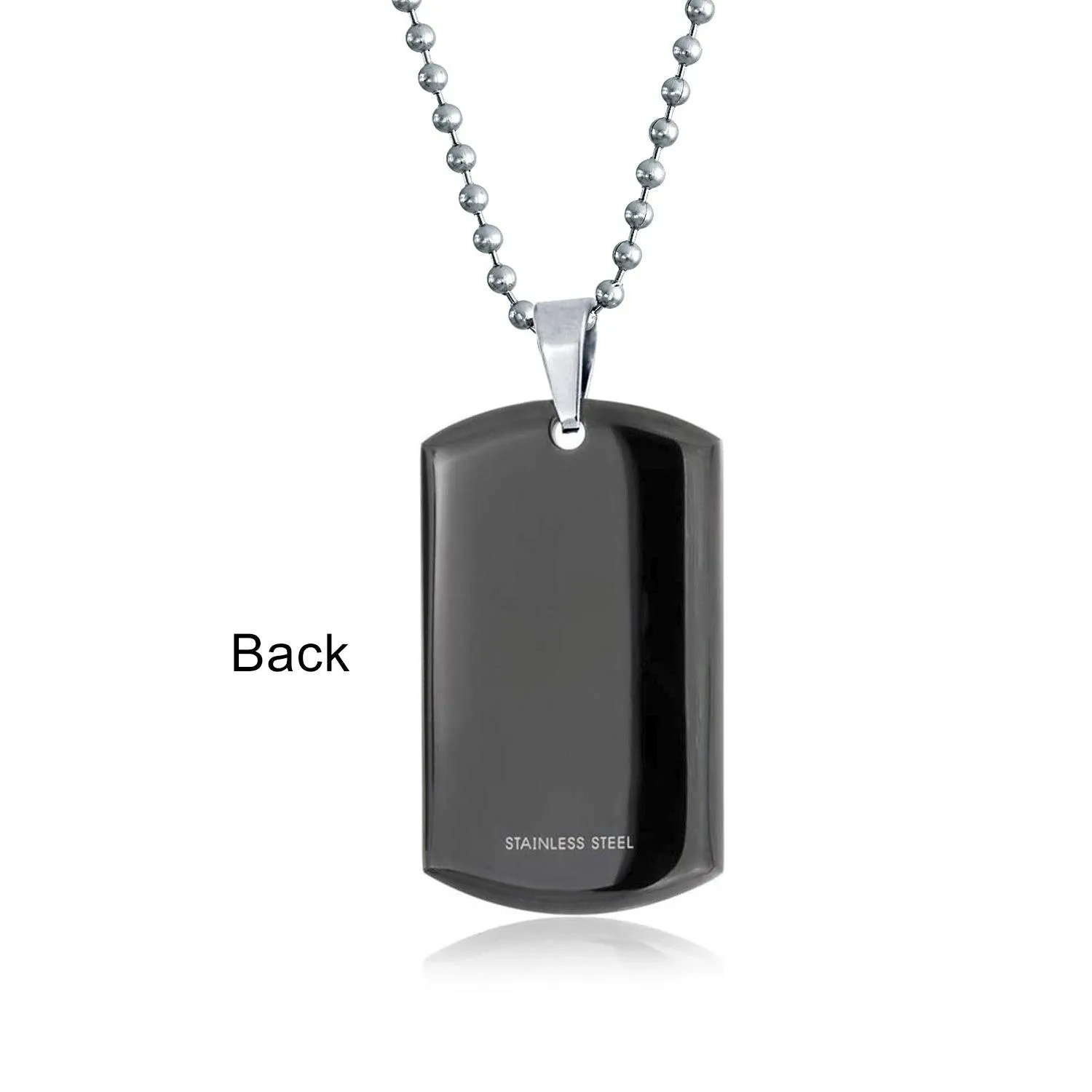 Black Dog Tag Pendant Necklace Edge Silver Tone Stainless Steel Bead