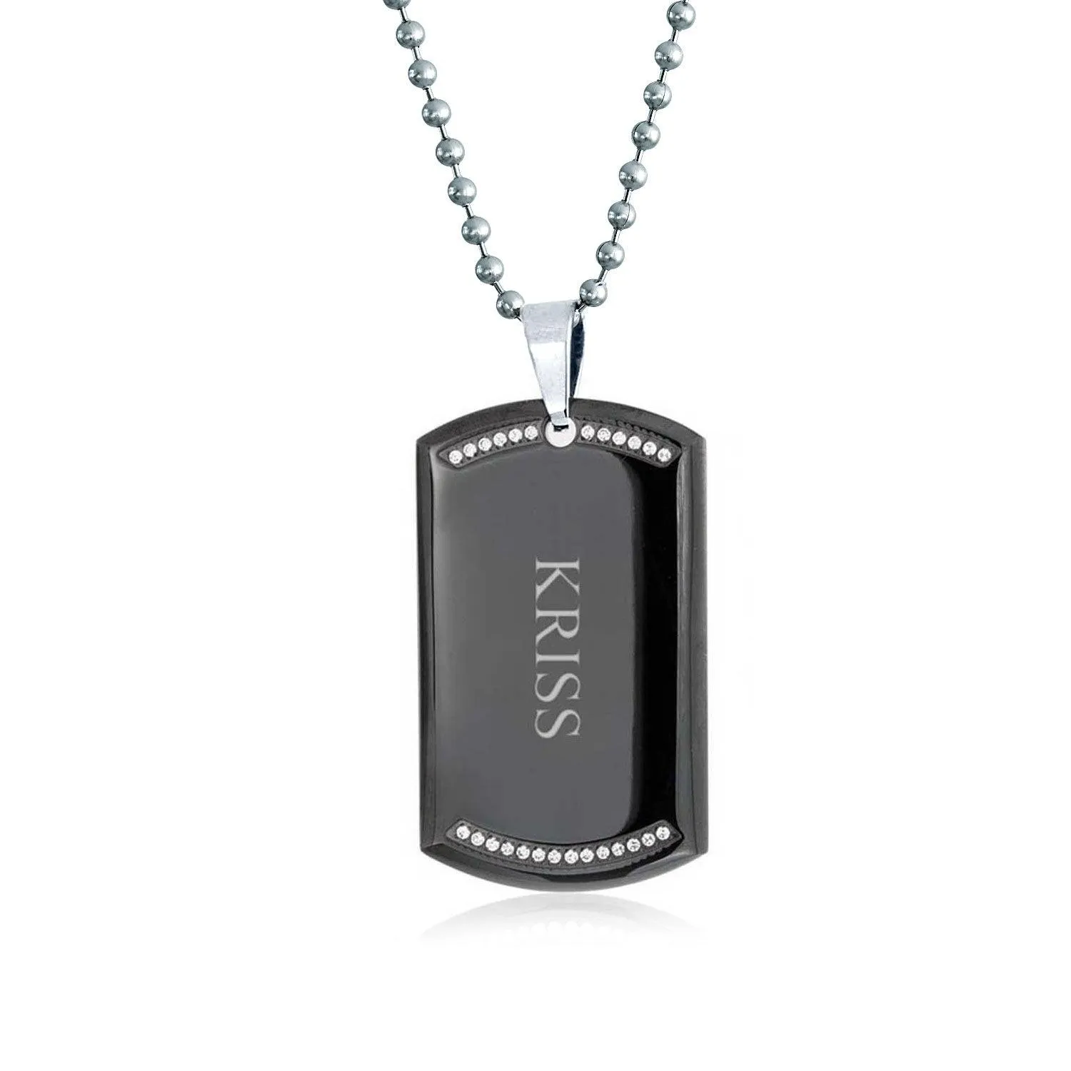 Black Dog Tag Pendant Necklace Edge Silver Tone Stainless Steel Bead