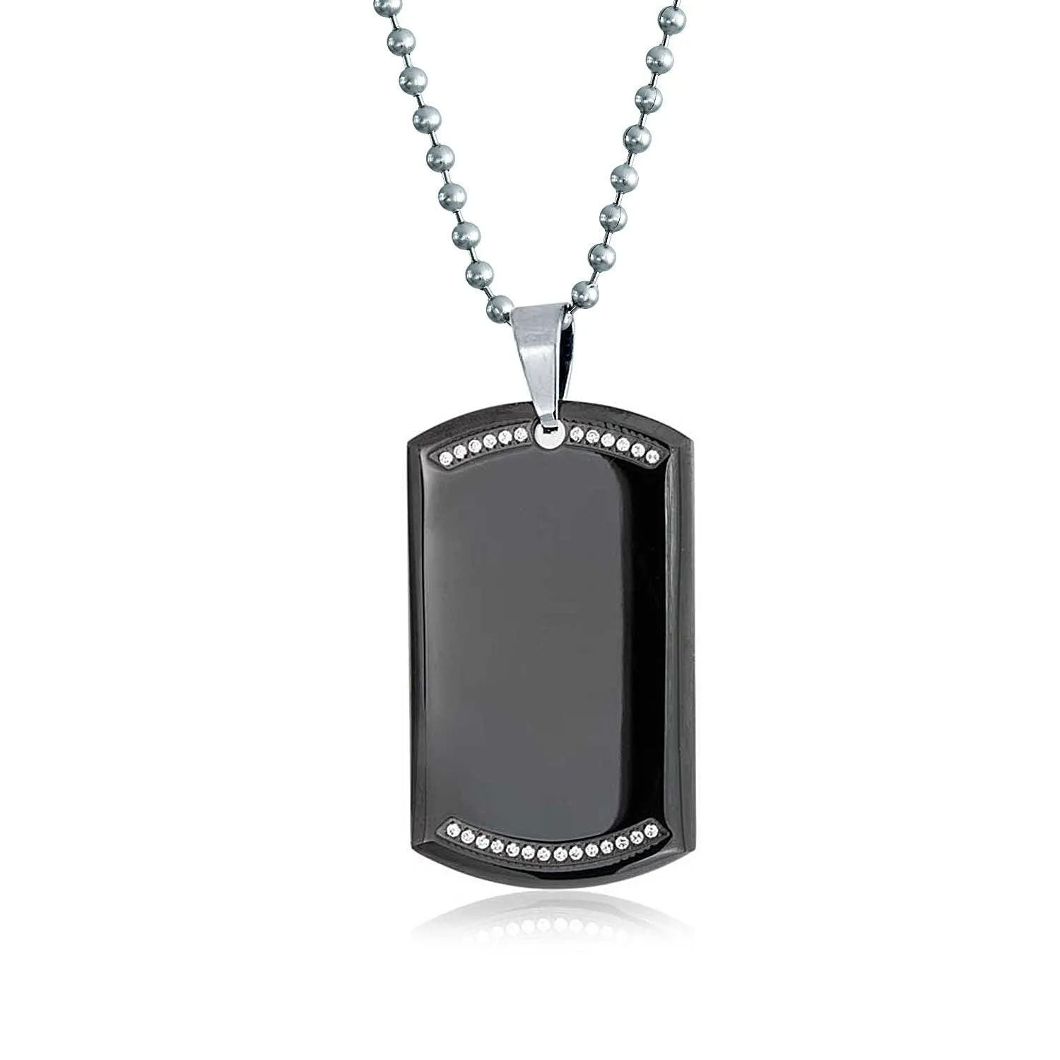 Black Dog Tag Pendant Necklace Edge Silver Tone Stainless Steel Bead