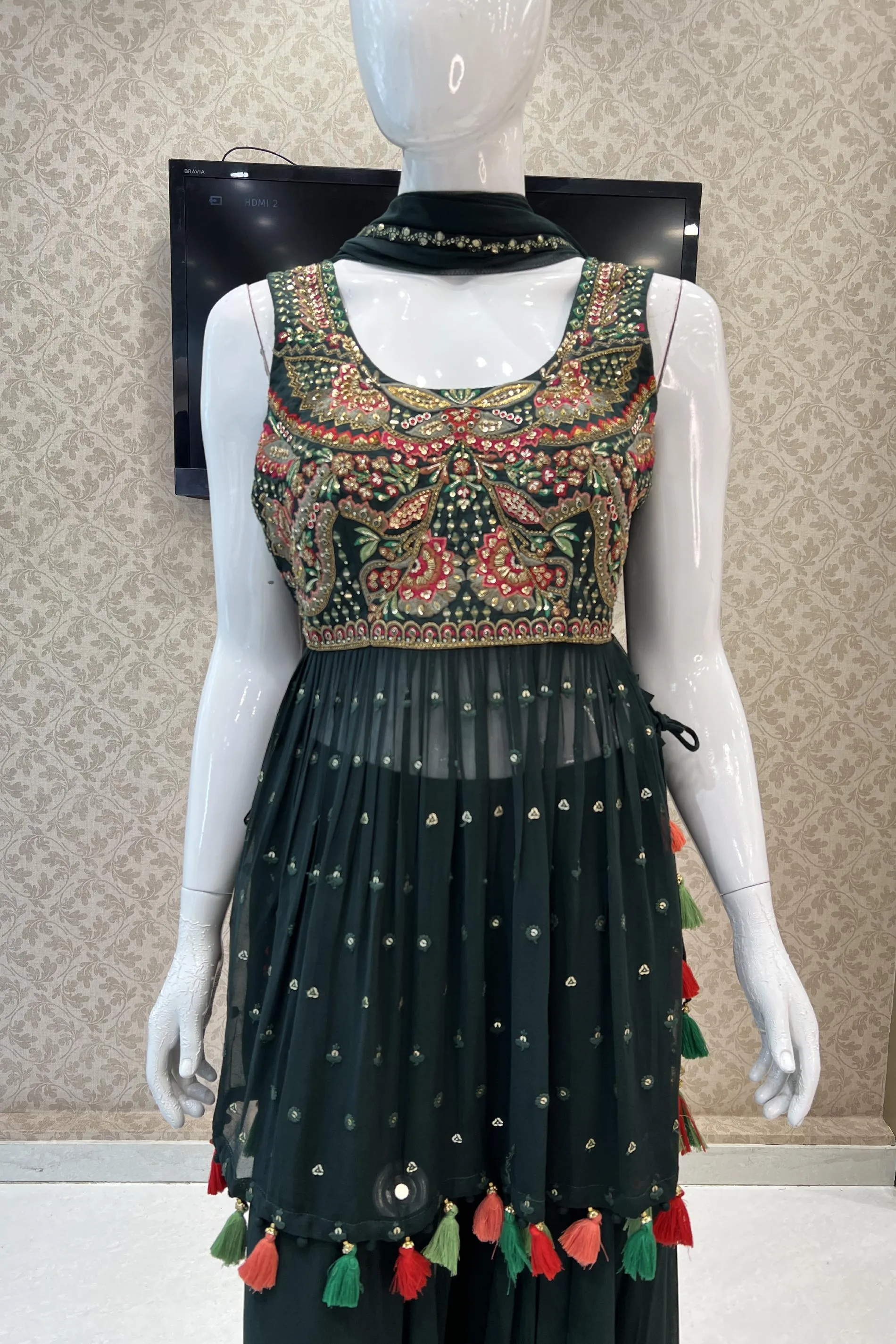 Bottle Green Thread, Sequins, Beads and Zari work Salwar Suit with Palazzo Pants