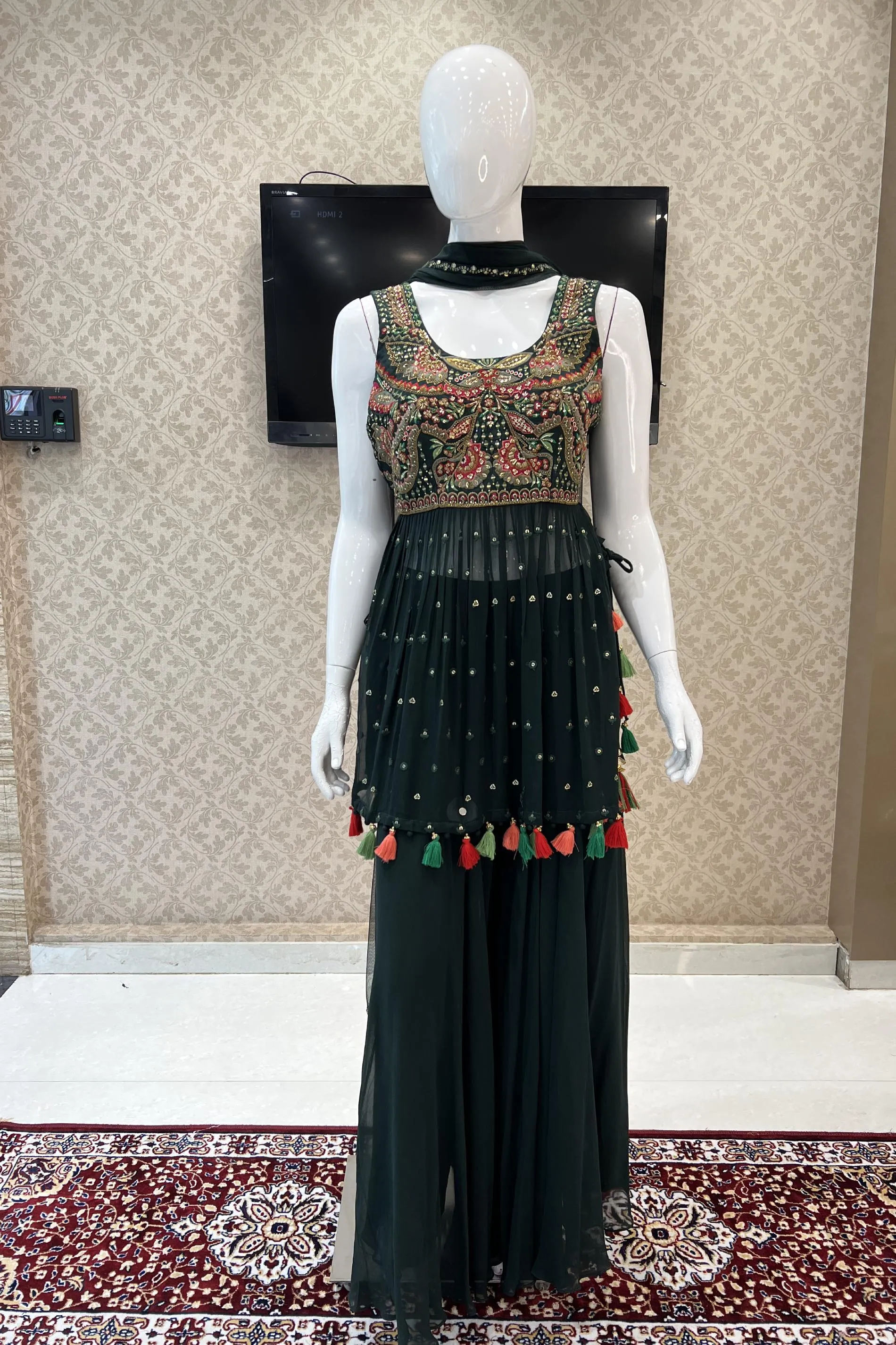 Bottle Green Thread, Sequins, Beads and Zari work Salwar Suit with Palazzo Pants