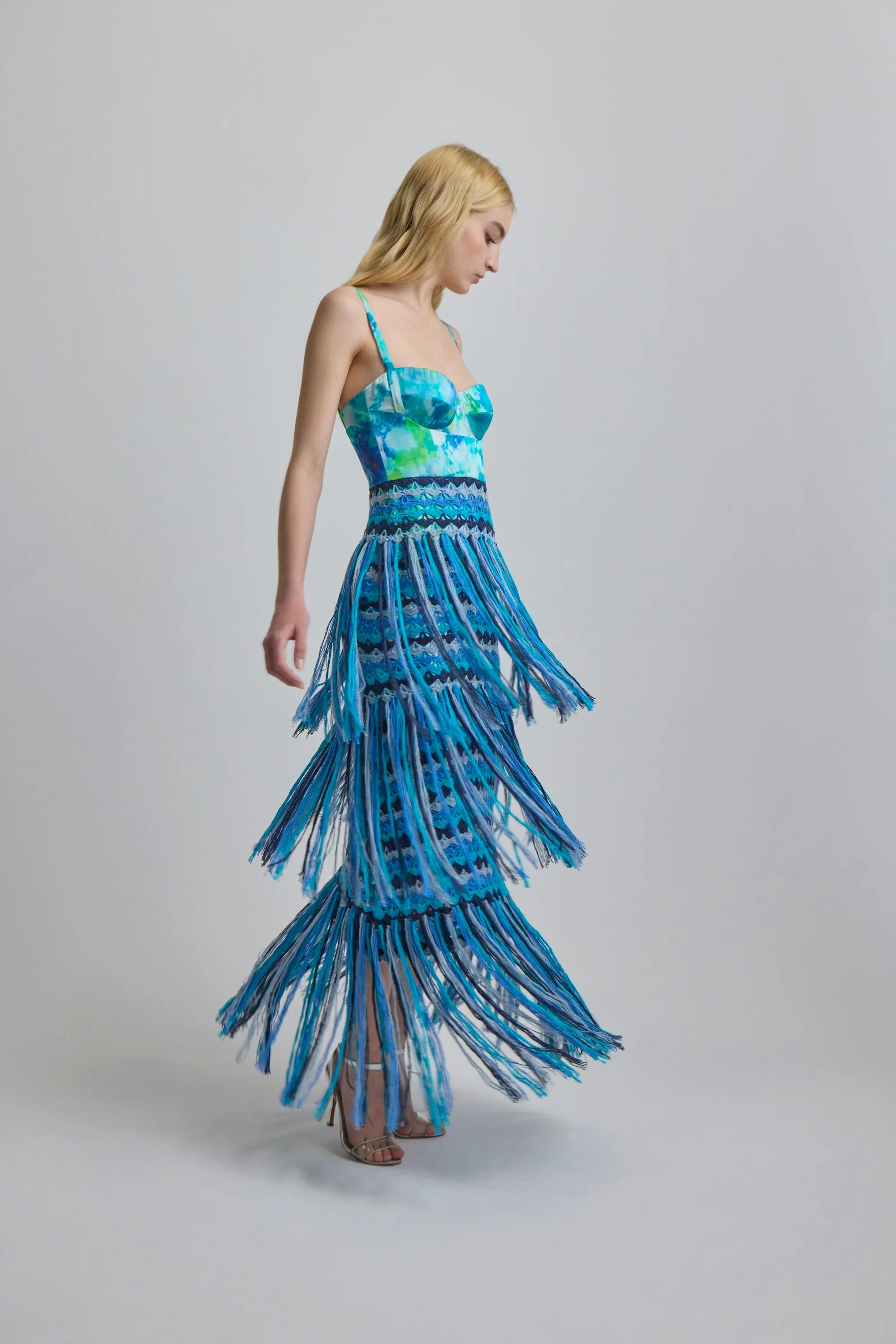 Bustier Dress with Crochet Fringe in Blue Ice Dye Print