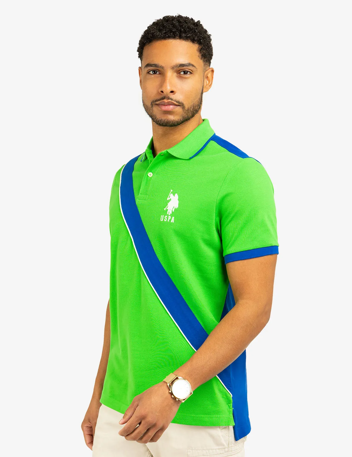 COLOR BLOCK SASH FRONT PIQUE POLO SHIRT