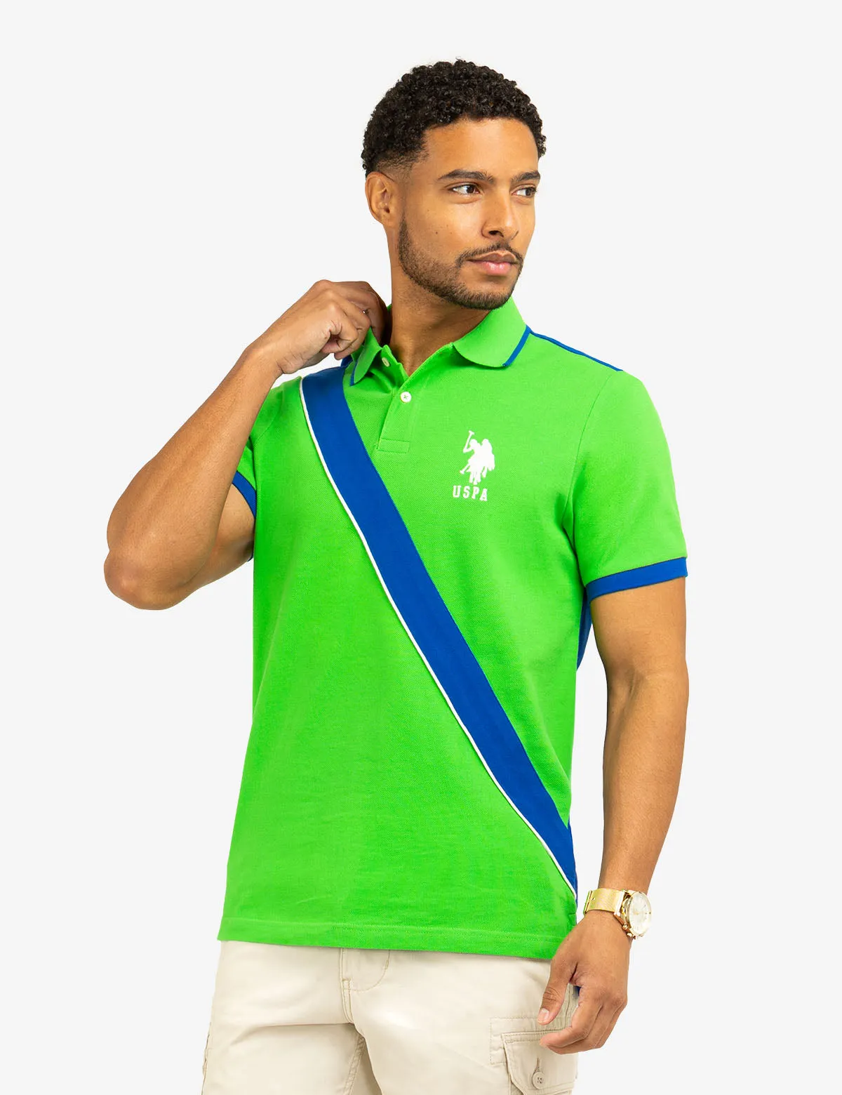 COLOR BLOCK SASH FRONT PIQUE POLO SHIRT