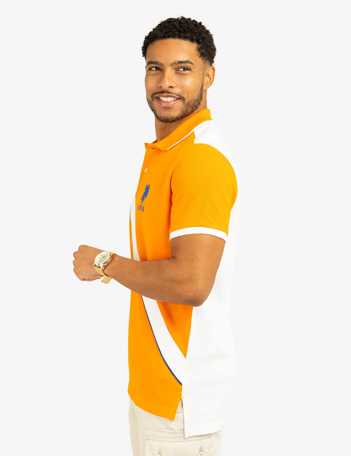 COLOR BLOCK SASH FRONT PIQUE POLO SHIRT