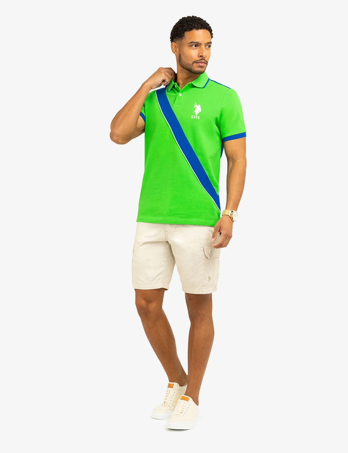 COLOR BLOCK SASH FRONT PIQUE POLO SHIRT