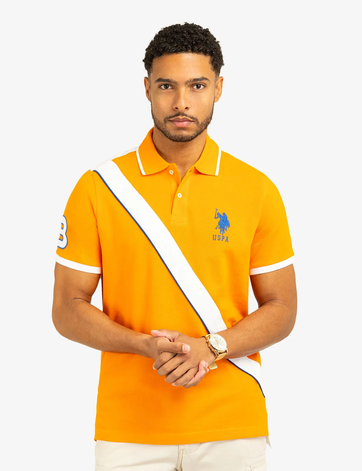 COLOR BLOCK SASH FRONT PIQUE POLO SHIRT