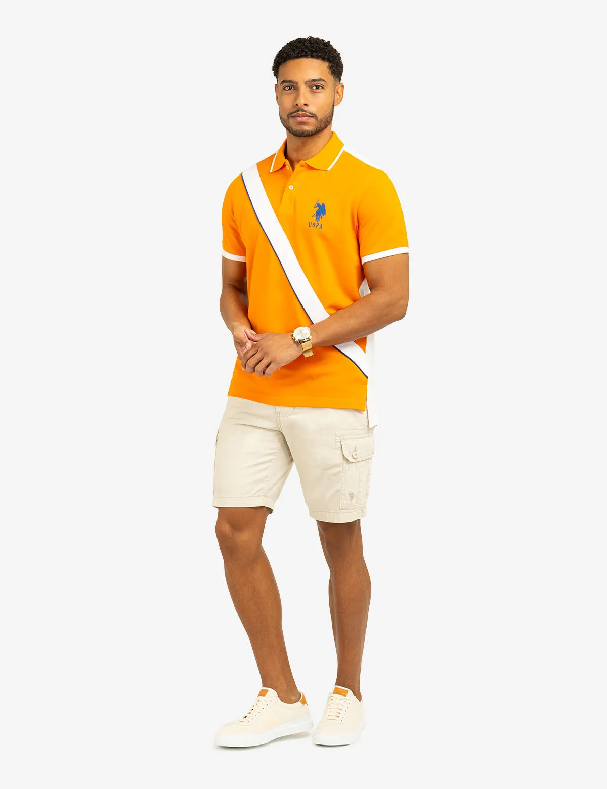 COLOR BLOCK SASH FRONT PIQUE POLO SHIRT