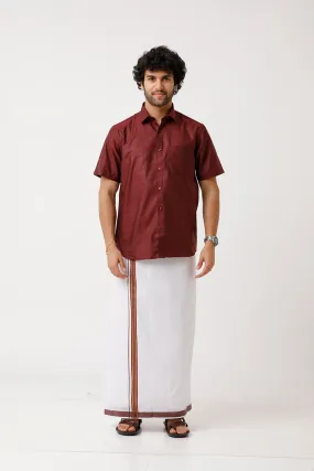 Divine - Blood Red Matching Shirt and Dhoti Set For Men | Uathayam