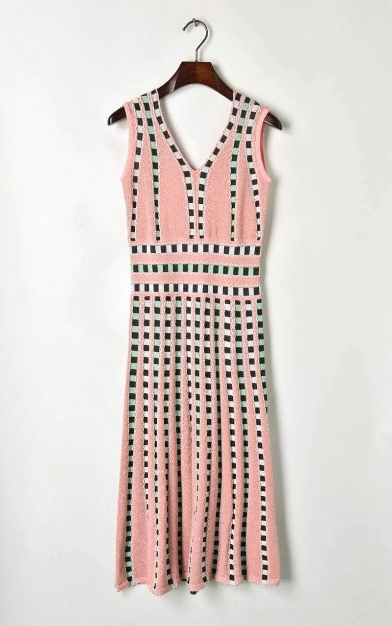 Elegant Grid Runway Summer Knit Dress