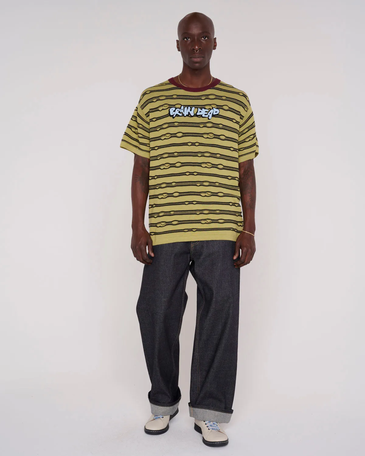 Embroidered Puckered Striped T-shirt - Lime