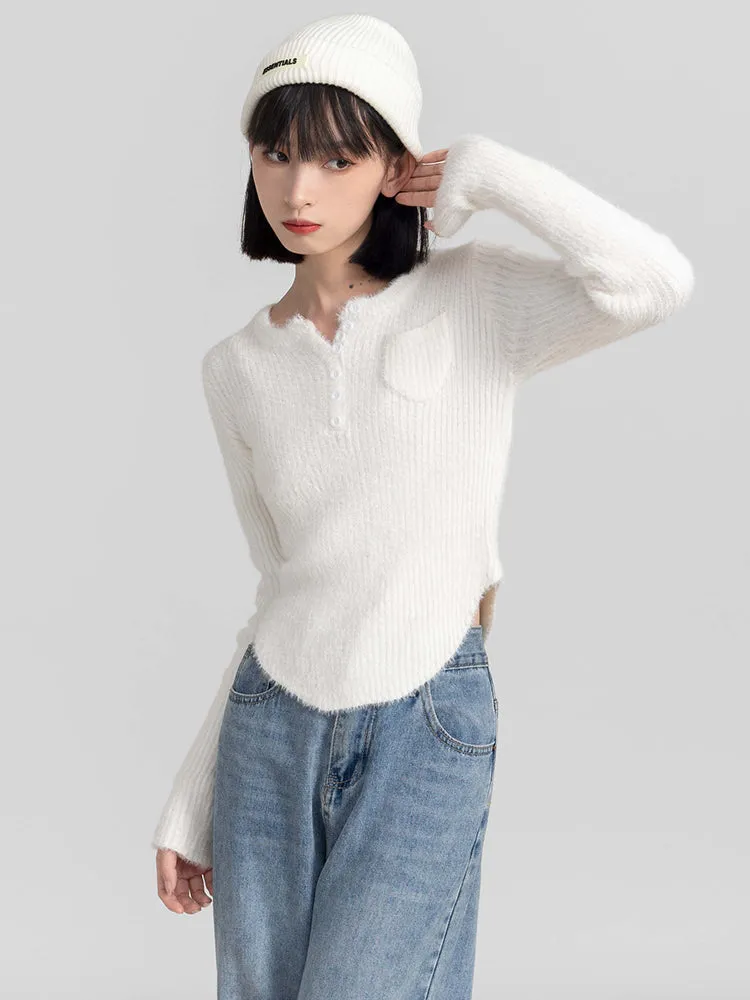 Fuzzy Skinny Ribbed Half Button Top