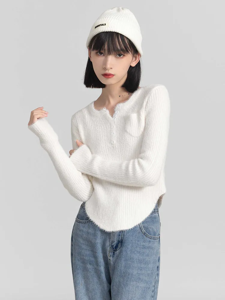 Fuzzy Skinny Ribbed Half Button Top