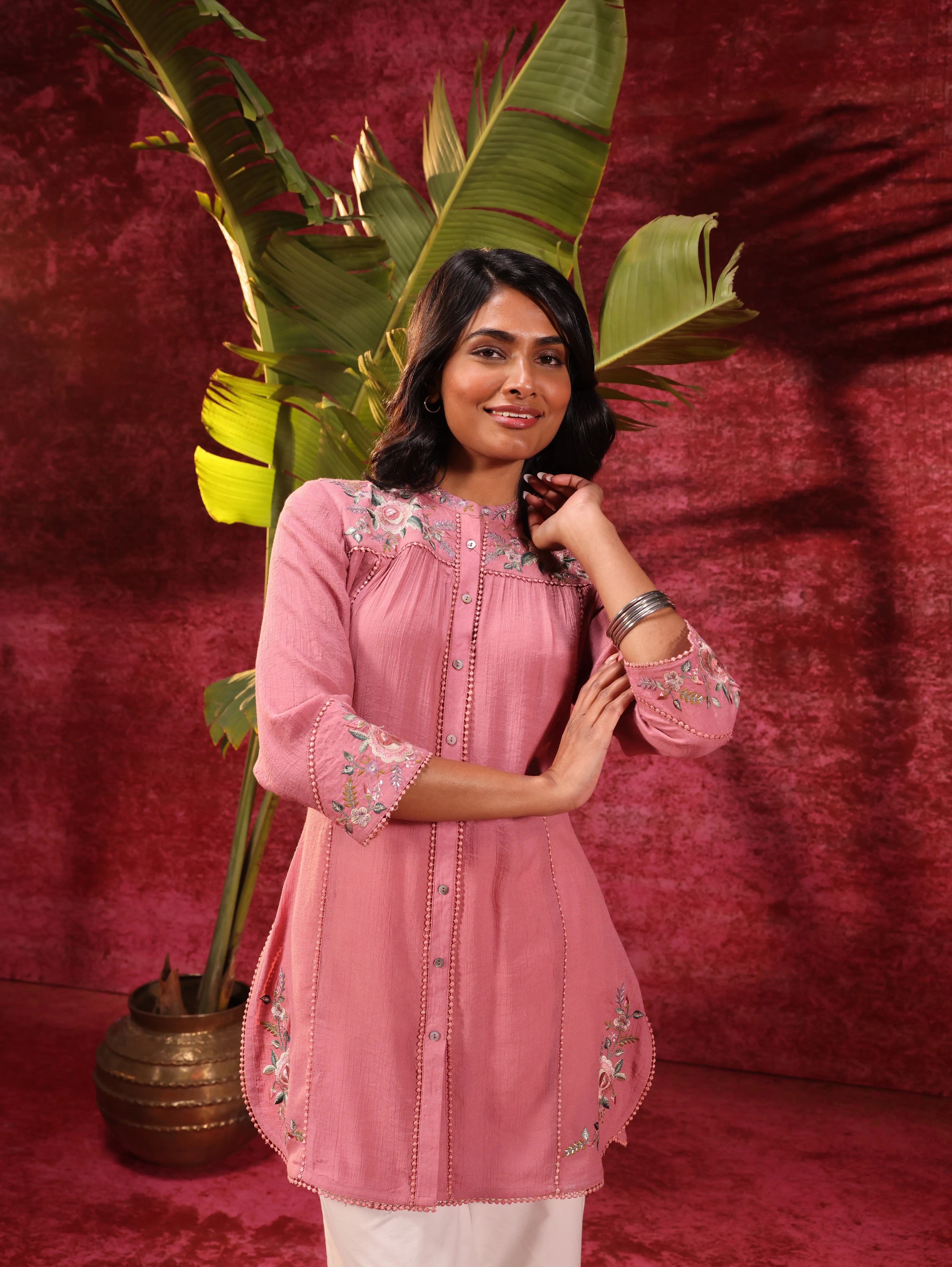 Mogra Turkish Pink Crinkled Crepe Embroidered Shirt for Women