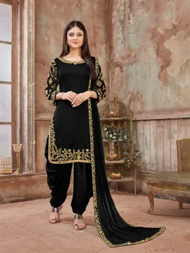 Odette Black Art silk Embroidered Semi stitched Kurta Set For Women