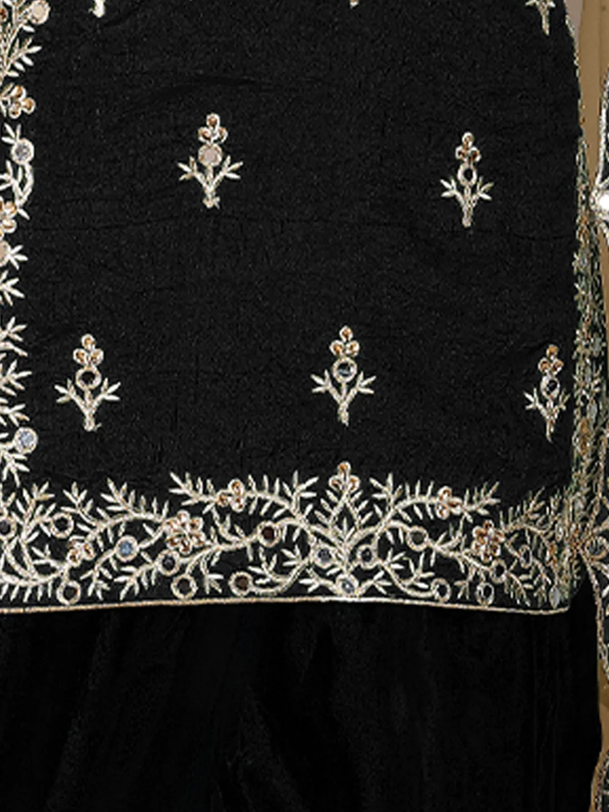 Odette Black Art Silk Embroidered Semi stitched Kurta Set with Inner For Women