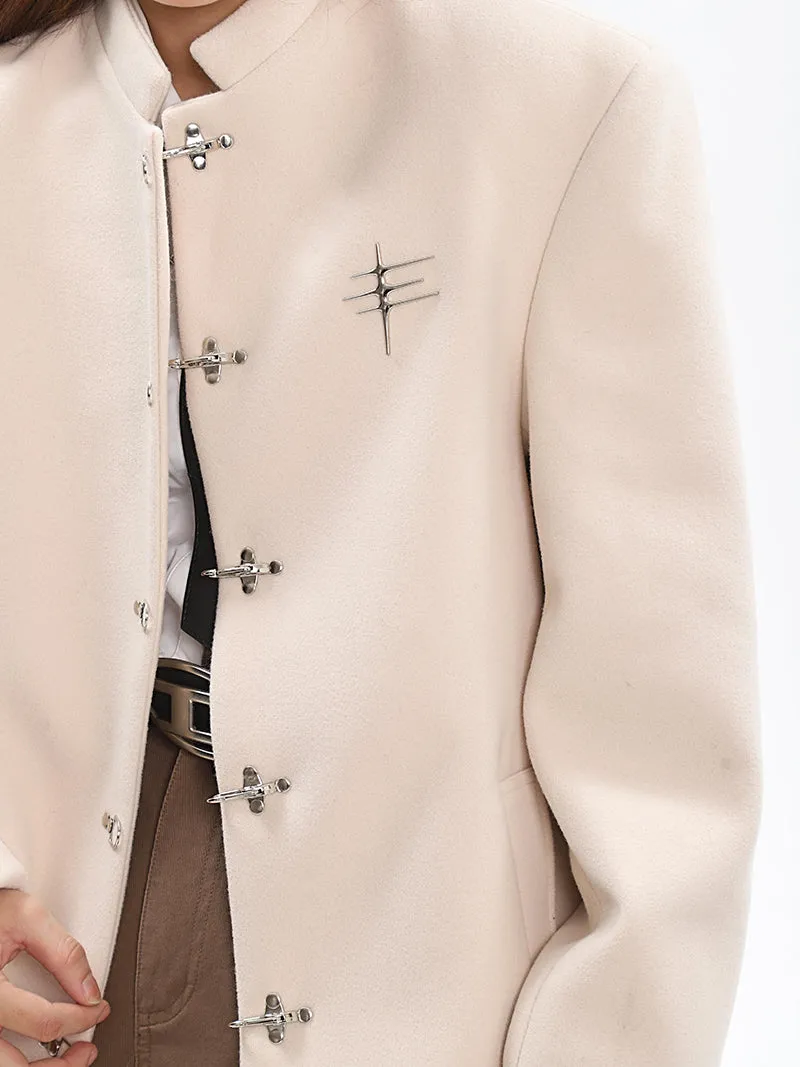 Oversized Boxy Faux-Wool Coat with Silver Clasp Buckles