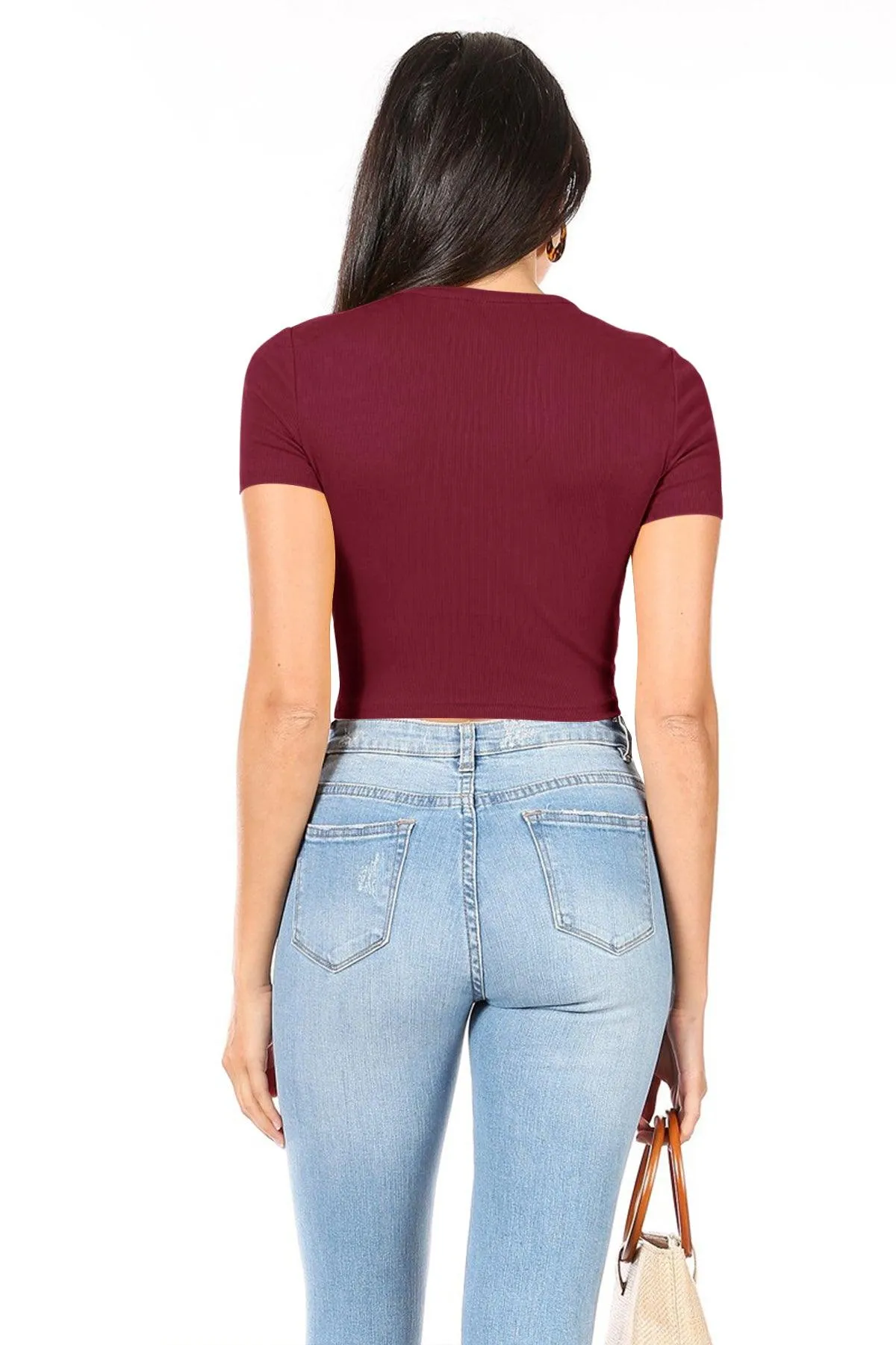 Women's Casual Short Sleeve Solid Stretch Ribbed Crop Top T-Shirt