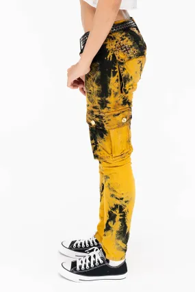 ZIPPER-MILITARY STYLE WOMENS CARGO PANTS IN TIE DYE YELLOW