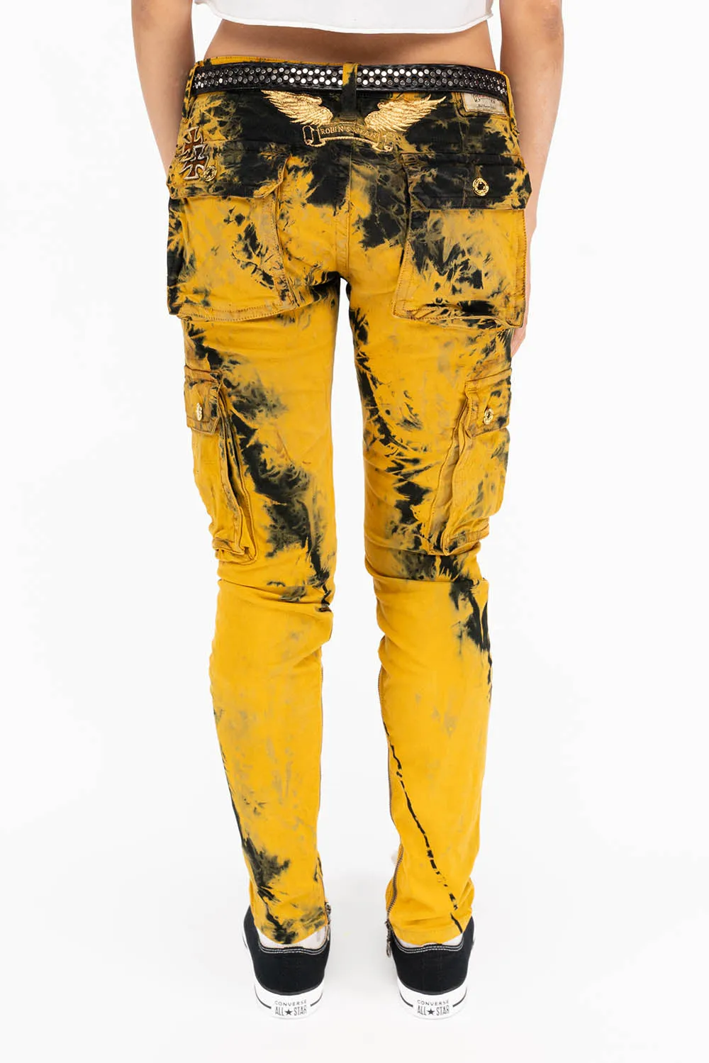 ZIPPER-MILITARY STYLE WOMENS CARGO PANTS IN TIE DYE YELLOW